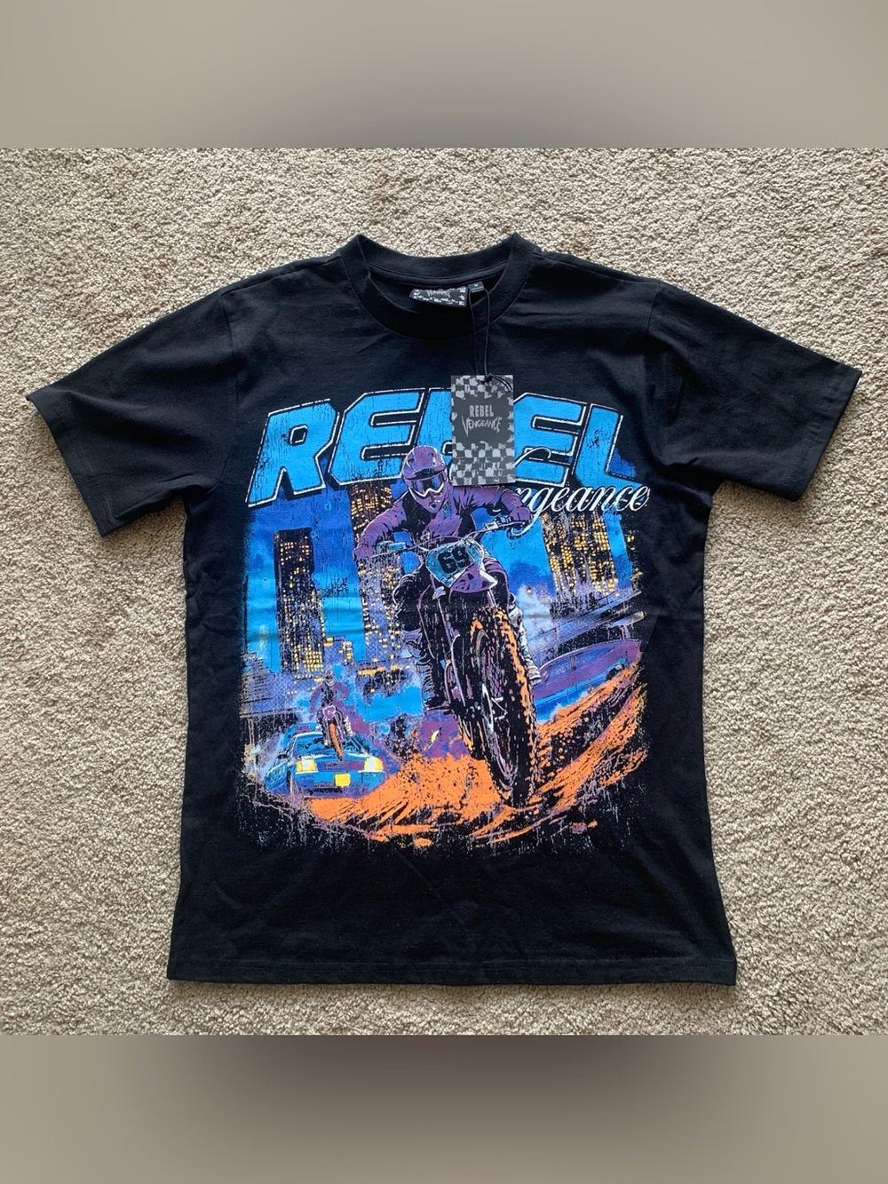 rebels Black Short-Sleeve Tee with Blue and Orange Motocross Graphic